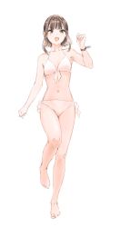 Rule 34 | 1girl, :d, armpits, barefoot, bikini, breasts, brown eyes, brown hair, full body, goshiki suzu, long hair, navel, open mouth, original, short hair, simple background, small breasts, smile, solo, swimsuit, white background, white bikini