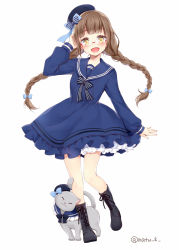 Rule 34 | 1girl, :d, blue bow, blue dress, blue hat, blush, bow, braid, cat, dress, full body, glasses, hair bow, hand in own hair, hat, long hair, looking at viewer, low-tied long hair, natsu (natume0504), open mouth, original, short dress, signature, simple background, smile, solo, standing, striped, striped bow, twin braids, white background, yellow eyes