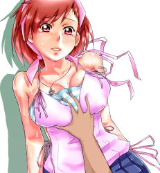 Rule 34 | 1girl, arms at sides, bare shoulders, grabbing another&#039;s breast, breasts, cleavage, collarbone, covered erect nipples, dark skin, devil survivor, dutch angle, grabbing, head tilt, highres, jewelry, large breasts, necklace, pendant, red eyes, red hair, sato iori, short hair, simple background, sleeveless, solo focus, striped, sweat, tanigawa yuzu, teardrop, tearing up, upper body, white background