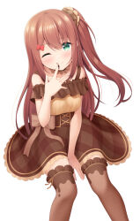 Rule 34 | 1girl, 7fuji 06, absurdres, between legs, blue eyes, blush, bow, brown hair, chocolate, chocolate on hand, collar, detached collar, dress, flower, food, food on hand, frilled collar, frilled thighhighs, frills, hair bow, hair ornament, hair scrunchie, hand between legs, hand to own mouth, highres, invisible chair, long hair, looking at viewer, on food, one eye closed, one side up, original, plaid, plaid dress, rose, scrunchie, simple background, sitting, smile, solo, thighhighs, underbust, valentine, very long hair, white background