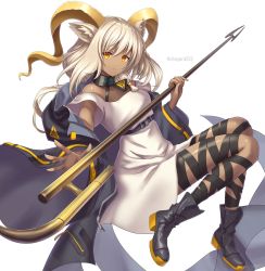 Rule 34 | 1girl, animal ears, arknights, beeswax (arknights), black collar, black footwear, black jacket, boots, brown hair, chagara, collar, commentary, dark-skinned female, dark skin, dress, full body, goat ears, goat girl, goat horns, highres, holding, holding staff, horns, infection monitor (arknights), jacket, long hair, off-shoulder dress, off shoulder, open clothes, open jacket, outstretched hand, parted lips, solo, staff, thigh strap, twitter username, white dress, yellow eyes