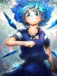 Rule 34 | 1girl, absurdres, blue eyes, blue hair, blush, cirno, clenched hands, curly hair, highres, looking at viewer, niwarhythm, short hair, skirt, smile, solo, touhou, wings
