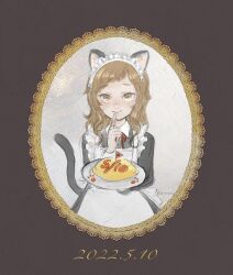 Rule 34 | 1girl, animal ears, apron, artist name, black dress, border, brown background, brown hair, cat ears, cat tail, closed mouth, collared dress, commentary, dated, diagonal bangs, dress, finger to mouth, flag, food, framed, frilled apron, frills, genderswap, genderswap (mtf), grey background, highres, holding, holding plate, index finger raised, kagerou project, kano shuuya, konno (kon noooo), lace, lace border, lace trim, long sleeves, maid, maid apron, maid day, maid headdress, medium hair, neck ribbon, omelet, ornate border, paw print, plate, red flag, red ribbon, ribbon, round border, simple background, smile, tail, tsurime, upper body, white apron, white dress, white headdress, yellow eyes