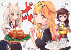 Rule 34 | + +, 4girls, :3, :o, :t, absurdres, ahoge, anger vein, angry, animal ears, azur lane, black serafuku, black shirt, black skirt, blue eyes, braid, breasts, brown hair, chinese commentary, chinese zodiac, cleavage, closed mouth, collarbone, commentary request, crossover, dog ears, dog girl, dream41, eating, eyelashes, food, food on face, food request, gradient hair, hair flaps, hair ornament, hair over shoulder, highres, historical name connection, holding, holding plate, kantai collection, light brown hair, long hair, looking at another, looking at viewer, looking to the side, medium breasts, miniskirt, multicolored hair, multiple girls, name connection, necktie, open mouth, orange hair, parted bangs, plate, pleated skirt, red eyes, red neckwear, remodel (kantai collection), sailor collar, school uniform, serafuku, shigure (azur lane), shigure (kancolle), shirt, short sleeves, simple background, single braid, skirt, slit pupils, spoken anger vein, spoken sweatdrop, standing, sweatdrop, swept bangs, thick eyebrows, turkey (food), twitter username, v-shaped eyebrows, white background, white sailor collar, wolf ears, year of the dog, yuudachi (azur lane), yuudachi (kancolle)