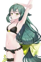 Rule 34 | 1girl, armpits, arms up, bikini, black bikini, bow, bow bikini, breasts, bridal garter, cowboy shot, duplicate, expressionless, gatchaman crowds, green eyes, green hair, hair between eyes, hair bow, hair flaps, highres, jitome, large bow, long hair, looking at viewer, low-tied long hair, miya utsutsu, navel, outstretched arm, paraffin, parted lips, simple background, small breasts, solo, standing, stomach, swimsuit, thick eyebrows, very long hair, white background, yellow bow