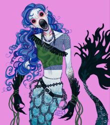 Rule 34 | 1girl, blue hair, bubbly washing machine, chain, crop top, gills, highres, horror (theme), long hair, looking at viewer, mermaid, monster girl, monster high, open mouth, sharp teeth, sirena von boo, solo, teeth