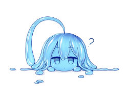 Rule 34 | 1girl, ?, ahoge, blue eyes, blue hair, blue sclera, blue skin, closed mouth, colored sclera, colored skin, curss, dot mouth, huge ahoge, jitome, looking at viewer, lying, melting, monster girl, on stomach, original, simple background, slime girl, solo, white background