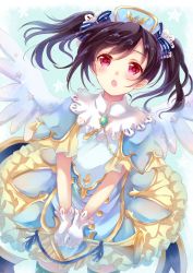 Rule 34 | 10s, 1girl, :o, angel wings, black hair, bow, brooch, dress, gloves, hair bow, hat, highres, instrument, instrument request, jewelry, love live!, love live! school idol festival, love live! school idol project, red eyes, sakura hiyori, solo, twintails, white gloves, wings, yazawa nico