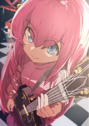 Rule 34 | 2girls, absurdres, blue eyes, blurry, blurry background, bocchi the rock!, checkered floor, closed mouth, cube hair ornament, depth of field, electric guitar, from above, gotoh hitori, guitar, hair ornament, highres, instrument, jacket, kita ikuyo, long hair, long sleeves, looking at viewer, looking up, multiple girls, music, pink hair, pink jacket, playing instrument, smile, stage, sweat, t.k.c, track jacket, very long hair