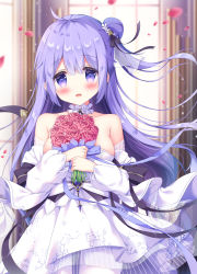 Rule 34 | 1girl, :d, azur lane, bare shoulders, black bow, black ribbon, blurry, blurry background, blush, bouquet, bow, breasts, collarbone, commentary request, depth of field, detached sleeves, dress, flower, hair between eyes, hair bun, hair ribbon, highres, holding, holding bouquet, indoors, long hair, long sleeves, looking at viewer, medium breasts, one side up, open mouth, pantyhose, petals, puffy long sleeves, puffy sleeves, purple eyes, purple hair, red flower, red rose, ribbon, rose, satsuki yukimi, see-through, side bun, single hair bun, single side bun, smile, solo, standing, strapless, strapless dress, unicorn (a dream of pure vows) (azur lane), unicorn (azur lane), very long hair, wedding dress, white dress, white pantyhose, white sleeves