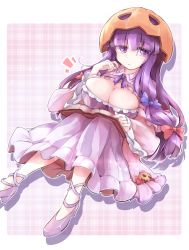 Rule 34 | 1girl, blue bow, blunt bangs, book, bow, breasts, capelet, cleavage, dress, fumitsuki (minaduki 6), hair bow, hat, jack-o&#039;-lantern, large breasts, long hair, looking at viewer, patchouli knowledge, purple dress, purple eyes, purple footwear, purple hair, red bow, shoes, simple background, sitting, solo, striped clothes, striped dress, touhou