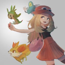 Rule 34 | 1girl, :d, bag, black shirt, black thighhighs, blonde hair, bongnom, breasts, brown eyes, chespin, creatures (company), eyewear on headwear, fennekin, froakie, game freak, gen 6 pokemon, gradient background, handbag, hat, highres, holding, holding poke ball, long hair, looking at another, looking to the side, nintendo, open mouth, orange skirt, parted bangs, poke ball, pokemon, pokemon (creature), pokemon xy, red headwear, serena (pokemon), shirt, simple background, skirt, sleeveless, sleeveless shirt, small breasts, smile, starter pokemon trio, thighhighs, white background