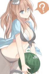 Rule 34 | 10s, 1girl, ?, bad id, bad pixiv id, blue eyes, blush, breasts, brown hair, food, fruit, highres, holding, holding food, kantai collection, large breasts, long hair, looking at viewer, navel, saratoga (kancolle), smile, solo, speech bubble, spoken question mark, tiasis, watermelon