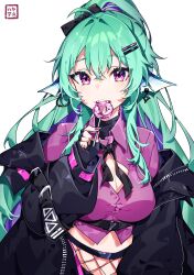 Rule 34 | 1girl, absurdres, ahoge, black bow, black gloves, black jacket, bow, breasts, candy, cleavage, cleavage cutout, clothing cutout, collared shirt, dress shirt, fin piercing, finana ryugu, finana ryugu (3rd costume), fingerless gloves, fins, fishnets, food, gloves, green hair, hair between eyes, hair bow, hair intakes, hair ornament, hairclip, hayate fish, head fins, highres, holding, holding candy, holding food, holding lollipop, jacket, lollipop, long hair, long sleeves, looking at viewer, medium breasts, nijisanji, nijisanji en, off shoulder, open clothes, open jacket, ponytail, puffy long sleeves, puffy sleeves, purple eyes, purple shirt, shirt, simple background, sleeves past wrists, solo, very long hair, virtual youtuber, white background