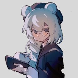 Rule 34 | 1girl, animal ears, arknights, bear ears, beret, black hat, black jacket, book, braid, commentary request, grey background, grey eyes, hair between eyes, hair ornament, hair over shoulder, hat, highres, holding, holding book, istina (arknights), jacket, long sleeves, looking at viewer, looking to the side, monocle, open book, puffy long sleeves, puffy sleeves, single braid, solo, star (symbol), star hair ornament, upper body, white hair, yikedesongzi