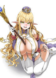 Rule 34 | 1girl, asanagi, blonde hair, blunt bangs, blush, breasts, character request, copyright request, garter straps, green eyes, hat, highres, huge breasts, long hair, looking at viewer, open mouth, pointy ears, simple background, smile, solo, staff, thighhighs, very long hair, white background, white thighhighs