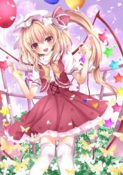 Rule 34 | 1girl, bad id, bad pixiv id, balloon, blonde hair, bug, butterfly, female focus, flandre scarlet, flower, hat, heart, insect, looking at viewer, nanase nao, red eyes, short hair, side ponytail, solo, star (symbol), thighhighs, touhou, white thighhighs, wings