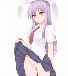 Rule 34 | 1girl, animal ears, blue skirt, clothes lift, commentary, cowboy shot, frown, highres, lifted by self, long hair, miyo (ranthath), necktie, panties, purple hair, rabbit ears, red eyes, red necktie, reisen udongein inaba, shirt, short sleeves, simple background, skirt, skirt lift, solo, string panties, touhou, underwear, white background, white panties, white shirt