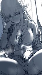 Rule 34 | 1girl, absurdres, breasts, brooch, cleavage, commentary, english commentary, greyscale, hair tubes, hand up, hews, highres, jewelry, long hair, looking at viewer, monochrome, navel, robe, serie (sousou no frieren), shorts, sidelighting, sitting, sketch, smile, solo, sousou no frieren, spread legs, thighs, unfinished