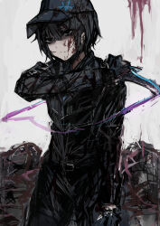 Rule 34 | absurdres, baseball cap, black gloves, black hair, black headwear, black jacket, black pants, blood, blood on face, blood stain, chuhaibane, closed mouth, empty eyes, expressionless, gloves, hat, highres, holding, holding knife, jacket, knife, limbus company, pants, project moon, sketch, white background, yi sang (project moon)
