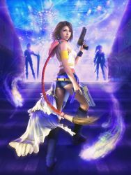 Rule 34 | 00s, 3d, 3girls, absurdres, ass, back, black shorts, boots, braid, brown hair, dual wielding, final fantasy, final fantasy x, final fantasy x-2, gun, handgun, heterochromia, highres, holding, knee boots, long hair, looking back, multiple girls, official art, paine, paine (ff10), pistol, rikku (ff10), shorts, single braid, sword, weapon, yuna, yuna (ff10)