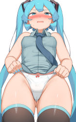 Rule 34 | 1girl, abmayo, aqua eyes, aqua hair, bare arms, bare shoulders, black thighhighs, blush, bow, bow panties, breasts, clothes lift, collared shirt, commentary request, from below, gluteal fold, grey shirt, hatsune miku, highres, long hair, looking down, medium breasts, necktie, no pants, open mouth, panties, shirt, simple background, skindentation, sleeveless, solo, sweat, tearing up, thighhighs, twintails, underwear, very long hair, vocaloid, white background, white panties