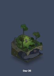 Rule 34 | absurdres, blue background, boulder, commentary, diorama, gozz, highres, holding, holding stick, holding torch, isometric, night, original, plant, stick, torch, tree