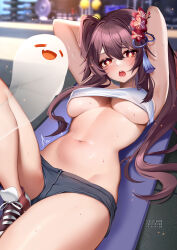 Rule 34 | 1girl, alternate breast size, armpits, arms up, bandeau, bare shoulders, blurry, blurry background, blush, boo tao (genshin impact), breasts, brown footwear, brown hair, commentary, genshin impact, grey shorts, hair between eyes, hair ornament, head tilt, highres, hu tao (genshin impact), indoors, knee up, large breasts, long hair, looking at viewer, lying, micro shorts, midriff, navel, on back, open mouth, red eyes, shoes, shorts, sneakers, solo, squchan, stomach, strapless, sweat, thighs, tube top, twintails, underboob, very long hair