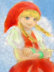 Rule 34 | 1girl, blonde hair, blue eyes, blue sky, bracelet, braid, cloud, dragon quest, dragon quest xi, dress, eyelashes, hair ornament, hat, highres, jewelry, lips, looking at viewer, puffy sleeves, red dress, short sleeves, sky, smile, square enix, teeth, twin braids, veronica (dq11)