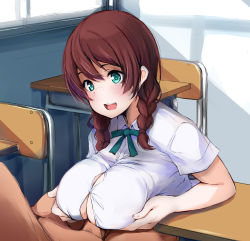Rule 34 | 1boy, 1girl, absurdres, braid, breasts, classroom, commentary request, commission, emma verde, freckles, gengoroh, green eyes, green neckwear, green ribbon, hetero, highres, indoors, large breasts, love live!, love live! nijigasaki high school idol club, nijigasaki academy school uniform, paizuri, paizuri under clothes, penis, pixiv commission, red hair, ribbon, school uniform, shirt, short hair, short sleeves, solo focus, twin braids, white shirt