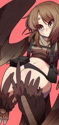 Rule 34 | 1girl, absurdres, brown eyes, brown hair, crop top, feathered wings, feathers, flying, gomulgong, harpy, highres, looking at viewer, midriff, monster girl, navel, original, pouch, red background, simple background, smile, solo, wings
