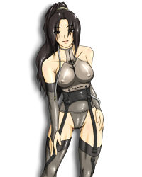 Rule 34 | 1girl, black eyes, black hair, breasts, cameltoe, catsuit, collarbone, covered erect nipples, fingerless gloves, garter belt, garter straps, gloves, grey gloves, grey leotard, grey thighhighs, large breasts, leotard, long hair, looking at viewer, metal gear (series), metal gear solid, metal gear solid 4: guns of the patriots, no bra, open mouth, ponytail, raging raven, smile, solo, standing, taro, taro (pixiv15952), thighhighs, white background