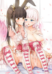 Rule 34 | 2girls, animal ears, areola slip, black hair, blade &amp; soul, blue eyes, blush, boots, breasts, brown eyes, cleavage, knee boots, large breasts, long hair, macchiato (jae-min cho), mole, mole under eye, multiple girls, nail polish, open mouth, panties, parted lips, rabbit ears, side ponytail, sitting, smile, spread legs, underwear, white hair, white panties, wings, yuri