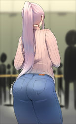 Rule 34 | 1girl, absurdres, ass, denim, from behind, highres, jeans, long hair, original, pants, pink hair, ponytail, shiny clothes, solo, suraya (z666ful), sweater, very long hair, z666ful