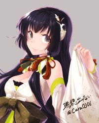 Rule 34 | 10s, 1girl, bad id, bad nicoseiga id, black hair, bow, breasts, cleavage, detached sleeves, dress, green dress, grey background, grey eyes, hair ornament, hair ribbon, kantai collection, kyara36, large bow, long hair, looking at viewer, mizuho (kancolle), ribbon, simple background, smile, solo, translation request, twitter username, upper body