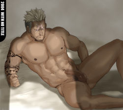 Rule 34 | 00s, 1boy, abs, clenched hand, dark skin, frown, fullmetal alchemist, grey hair, male focus, multicolored hair, muscular, nikku (with no title), nude, penis, red eyes, scar, scar (fma), solo, sweat, tattoo, testicles, two-tone hair, white hair