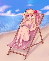 Rule 34 | 1girl, alternate costume, beach, bikini, blonde hair, chaos marie (grimms notes), grimms notes, hair ribbon, highres, long hair, mrsk cetus, pink eyes, ribbon, solo, swimsuit