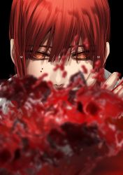 Rule 34 | 1girl, black background, blood, braid, chainsaw man, formal, highres, hoshi san 3, long hair, looking at viewer, makima (chainsaw man), red hair, ringed eyes, shirt, simple background, solo, yellow eyes