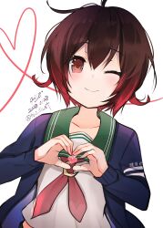 Rule 34 | 1girl, 9610 (kuroto), absurdres, black cardigan, blush, brown hair, cardigan, closed mouth, clothes writing, collarbone, crescent, crescent pin, dated, hair between eyes, heart, heart hands, highres, kantai collection, mutsuki (kancolle), mutsuki kai ni (kancolle), neckerchief, one-hour drawing challenge, one eye closed, open cardigan, open clothes, red eyes, red neckerchief, school uniform, serafuku, short hair, signature, simple background, smile, solo, twitter username, upper body, white background