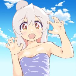 Rule 34 | 1girl, :d, ahoge, bare arms, bare shoulders, blue sky, bright pupils, cloud, colored inner hair, day, grey hair, hair between eyes, hands up, highres, long hair, looking at viewer, mizumori keiichi, multicolored eyes, multicolored hair, onii-chan wa oshimai!, open mouth, orange eyes, outdoors, oyama mahiro, pink hair, pink pupils, red eyes, sky, smile, solo, strapless, two-tone hair, upper body, yellow eyes