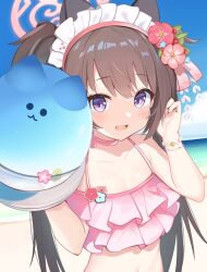 Rule 34 | 1girl, beach, bikini, blue archive, blue sky, brown hair, commentary request, day, flower, frilled bikini, frills, hair flower, hair ornament, halo, highres, long hair, maid headdress, ocean, official alternate costume, open mouth, outdoors, pink bikini, pink halo, purple eyes, shizuko (blue archive), shizuko (swimsuit) (blue archive), sky, solo, swimsuit, twintails, upper body, zhnyy3