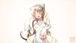 Rule 34 | 1girl, absurdres, animal ears, arknights, blonde hair, breasts, bride, curly hair, fang, highres, jewelry, looking at viewer, medium breasts, outstretched hand, ring, solo, swire (arknights), tail, thighhighs, tiger ears, tiger girl, tiger tail, wedding ring, white thighhighs