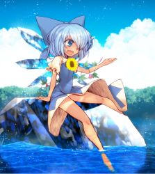 Rule 34 | 1girl, ;d, bare legs, barefoot, blue dress, blue eyes, blue hair, blush, bow, cirno, dress, flower, full body, hair bow, hidden star in four seasons, ice, ice wings, kuresento, lake, large bow, legs, long legs, on rock, one eye closed, open mouth, partially submerged, plant, puffy short sleeves, puffy sleeves, short hair, short sleeves, sitting, smile, soaking feet, solo, sunflower, tan, tanline, tanned cirno, touhou, vines, water, wings