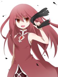 Rule 34 | 10s, 1girl, alternate hairstyle, fang, female focus, highres, long hair, magical girl, mahou shoujo madoka magica, open mouth, red eyes, red hair, ribbon, sakura kyoko, sakura kyoko (magical girl), simple background, smile, solo, soul gem, very long hair