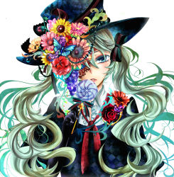 Rule 34 | 1girl, aqua eyes, bad id, bad pixiv id, bow, flower, gloves, green hair, hair bow, hat, hat flower, hatsune miku, head tilt, highres, long hair, red flower, red rose, rose, simple background, solo, top hat, tubakinokubi, twintails, very long hair, vocaloid