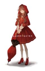 Rule 34 | 1girl, bad id, bad twitter id, boots, brown eyes, brown hair, capelet, closed mouth, commission, dress, full body, highres, holding, holding umbrella, hood, hood up, long hair, long sleeves, looking at viewer, red capelet, red dress, red footwear, red hood, shirt, simple background, smile, socks, solo, ssukguk, standing, umbrella, v arms, white background, white shirt, white socks