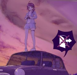 Rule 34 | 2girls, against glass, binoculars, blue shirt, blue shorts, bow, brown eyes, brown hair, car, cloud, commentary request, contemporary, cookie (touhou), exit sign, frilled bow, frills, full body, hair bow, hakurei reimu, holding, holding binoculars, horns, ibuki suika, kanna (cookie), long hair, looking down, manatsu no yo no inmu, medium hair, mini cooper, miyako (naotsugu), motor vehicle, multiple girls, open mouth, orange hair, outdoors, parody request, red bow, shirt, shoes, shorts, sneakers, solid circle eyes, speech bubble, standing, standing on car, sunset, swept bangs, thigh strap, touhou, trapped, unbuttoned, unbuttoned shirt, wavy mouth, white footwear, white shirt, yamin (cookie)