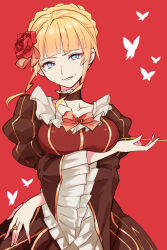 Rule 34 | 1girl, 3105lave, beatrice (umineko), black dress, blonde hair, blue eyes, blunt bangs, bow, braid, breasts, bug, butterfly, choker, dress, flower, french braid, frills, hair flower, hair ornament, highres, holding, holding smoking pipe, insect, jewelry, large breasts, looking at viewer, red background, red bow, red flower, ring, sidelocks, simple background, smile, smoking pipe, solo, umineko no naku koro ni