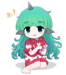 Rule 34 | 1girl, barefoot, blush, breasts, chibi, collar, green eyes, green hair, hand up, horns, komano aunn, long hair, looking at viewer, medium breasts, multicolored clothes, multicolored shorts, open mouth, red shirt, red shorts, red sleeves, rei (tonbo0430), seiza, shadow, shirt, short sleeves, shorts, simple background, sitting, smile, solo, touhou, very long hair, white background, white shorts