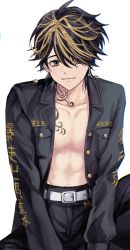 Rule 34 | 1boy, bell, belt, belt buckle, buckle, closed mouth, collarbone, ear piercing, earrings, eyelashes, hair over one eye, hanemiya kazutora, highres, jacket, jewelry, looking at viewer, male focus, medium hair, mito (jinzero), mole, mole under eye, multicolored hair, neck tattoo, piercing, simple background, smile, solo, tattoo, tokyo revengers, two-tone hair, unbuttoned, white background, yellow eyes